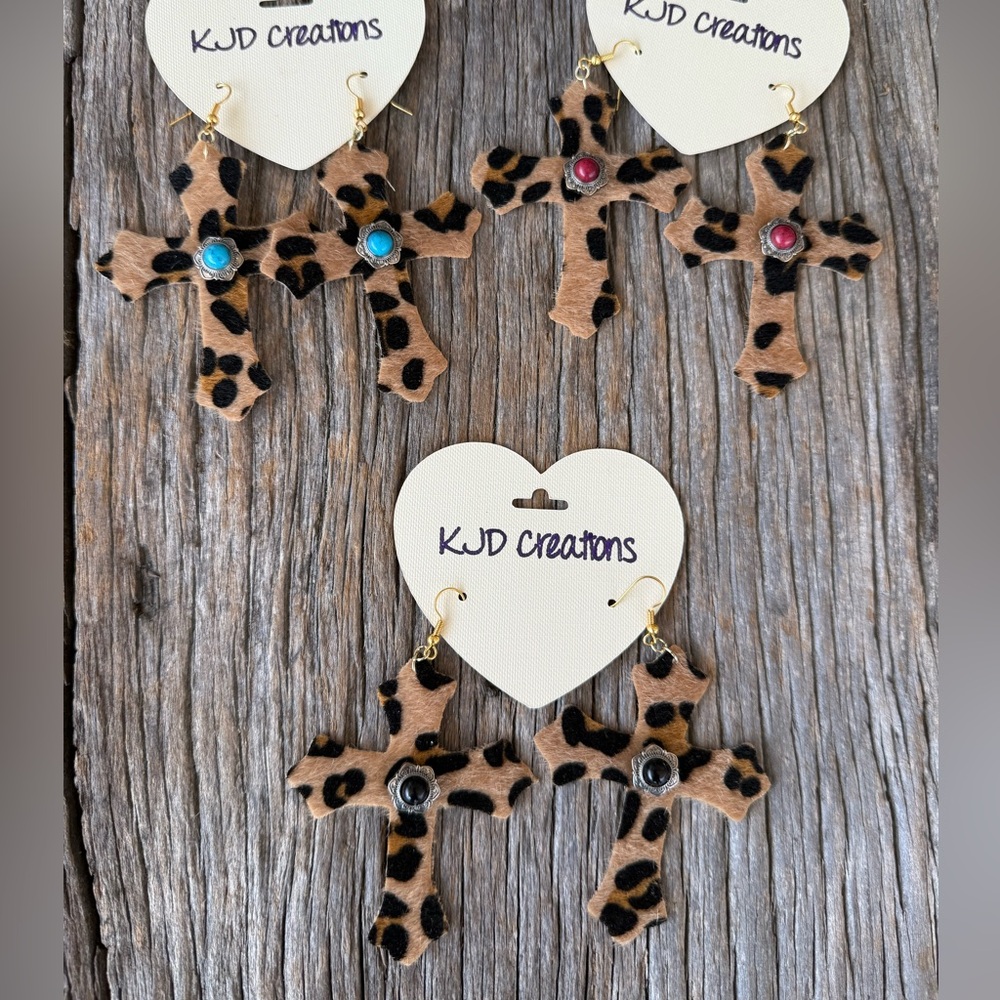 Dangle Hair On Faux Leather Leopard Print cross earring Red blue black concho.